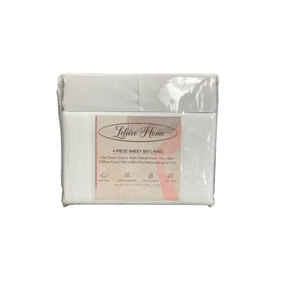 Lelux Home 4-Piece King Sheet Set White Soft Silky Polyester Wrinkle-Resistant H - Picture 1 of 4